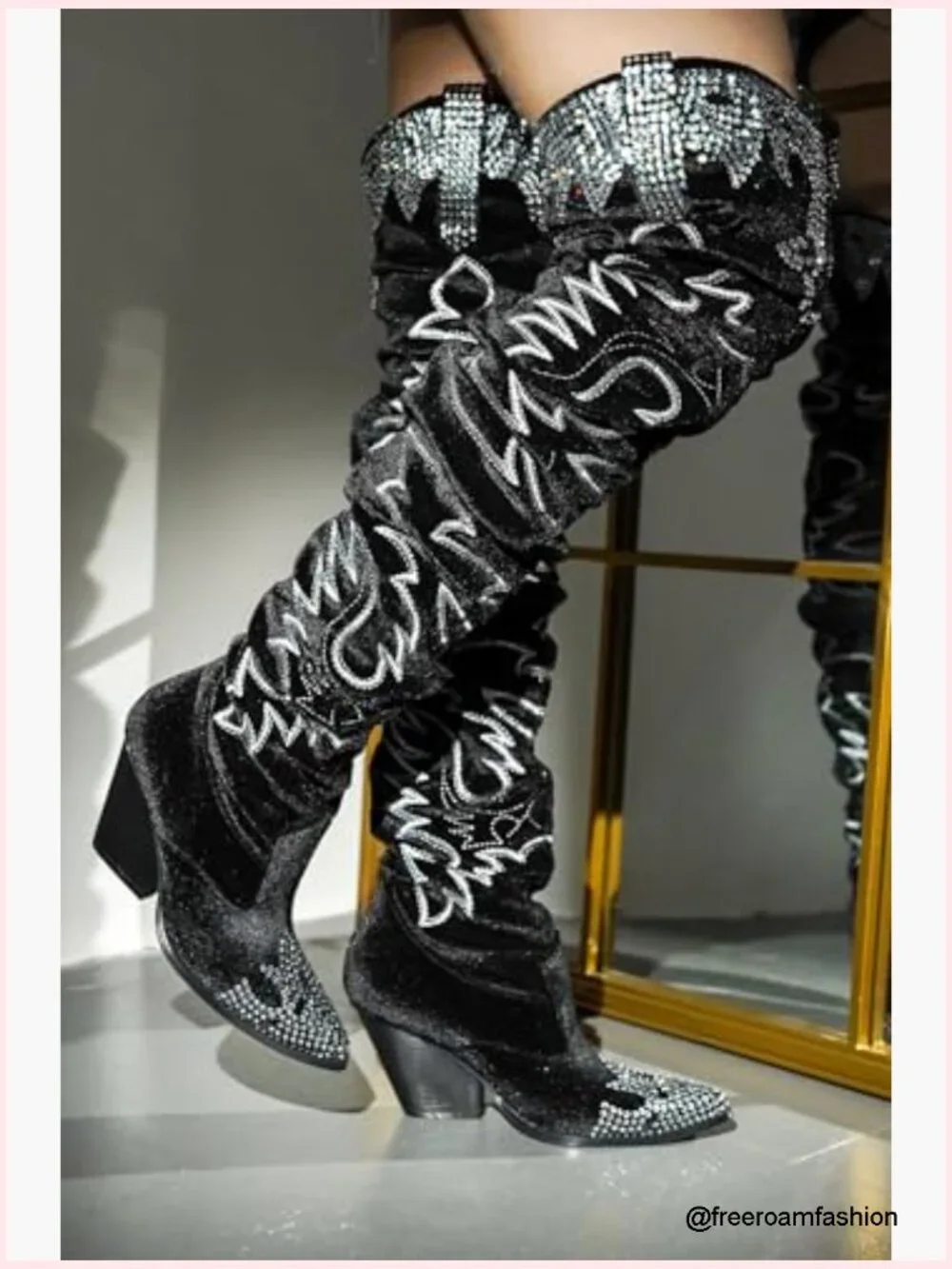 Rhinestone Embroidered Thigh High Cowgirl Boots Velvet Over the Knee Slouchy